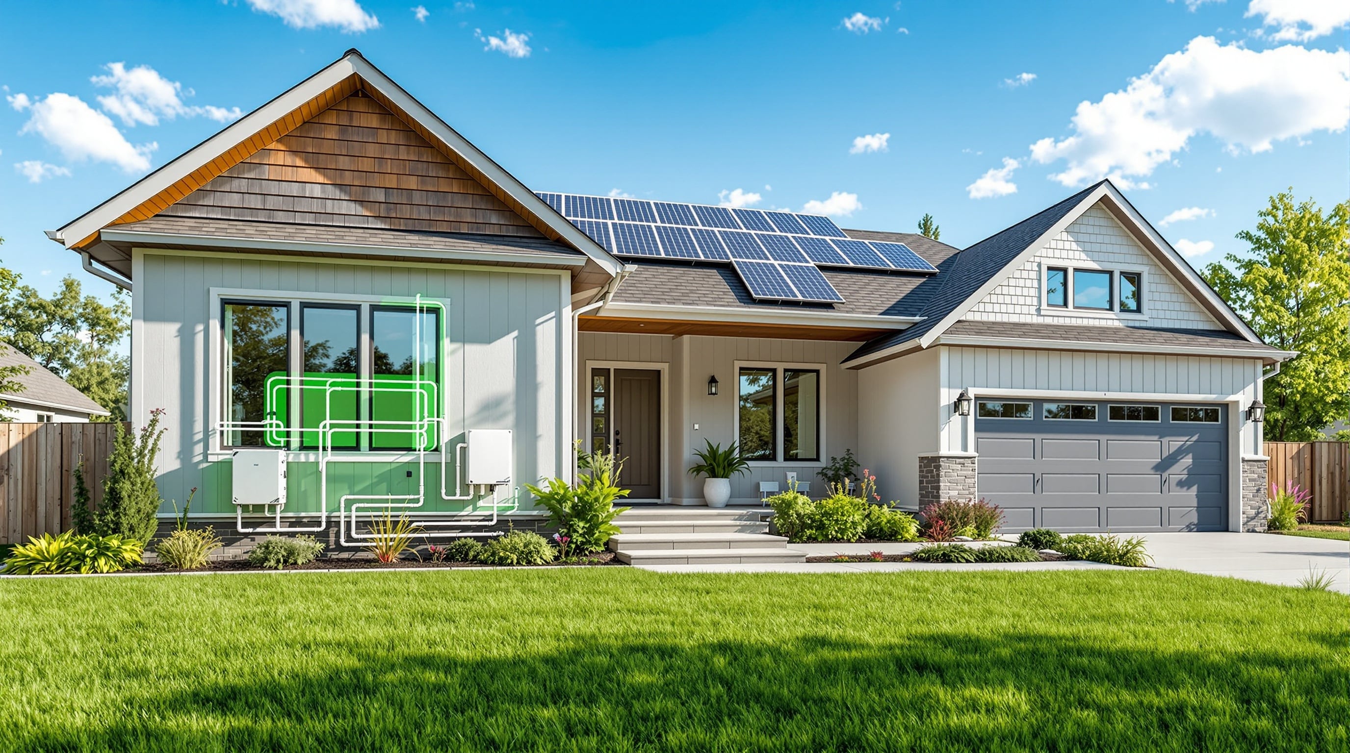 Modern eco-friendly home with geothermal heating and cooling system